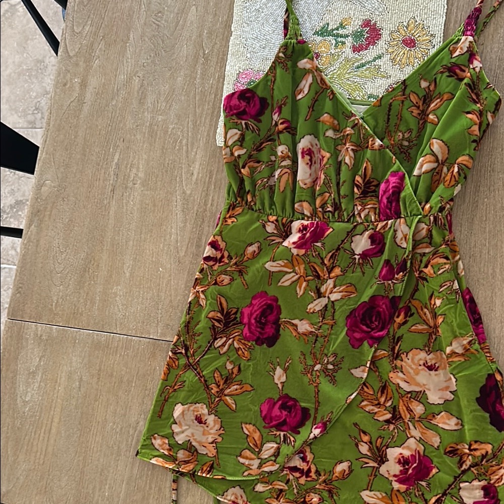 Floral Green and Pink Wrap Dress